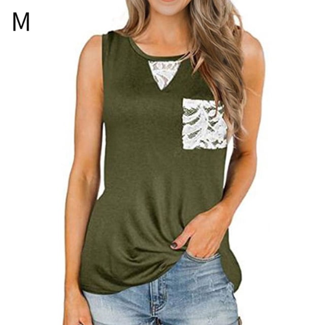 Camiseta Mujer Sin Mangas Tank Top Pocket Camiseta De Algodón, Encaje, Verde, M Vogacara AP001700-07