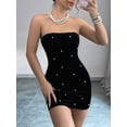 thumbnail image 6 of Women'S Pearl Beaded Off Shoulder Short Dress Bandeau Bodycon Party Mini Dresses Black S, 6 of 9