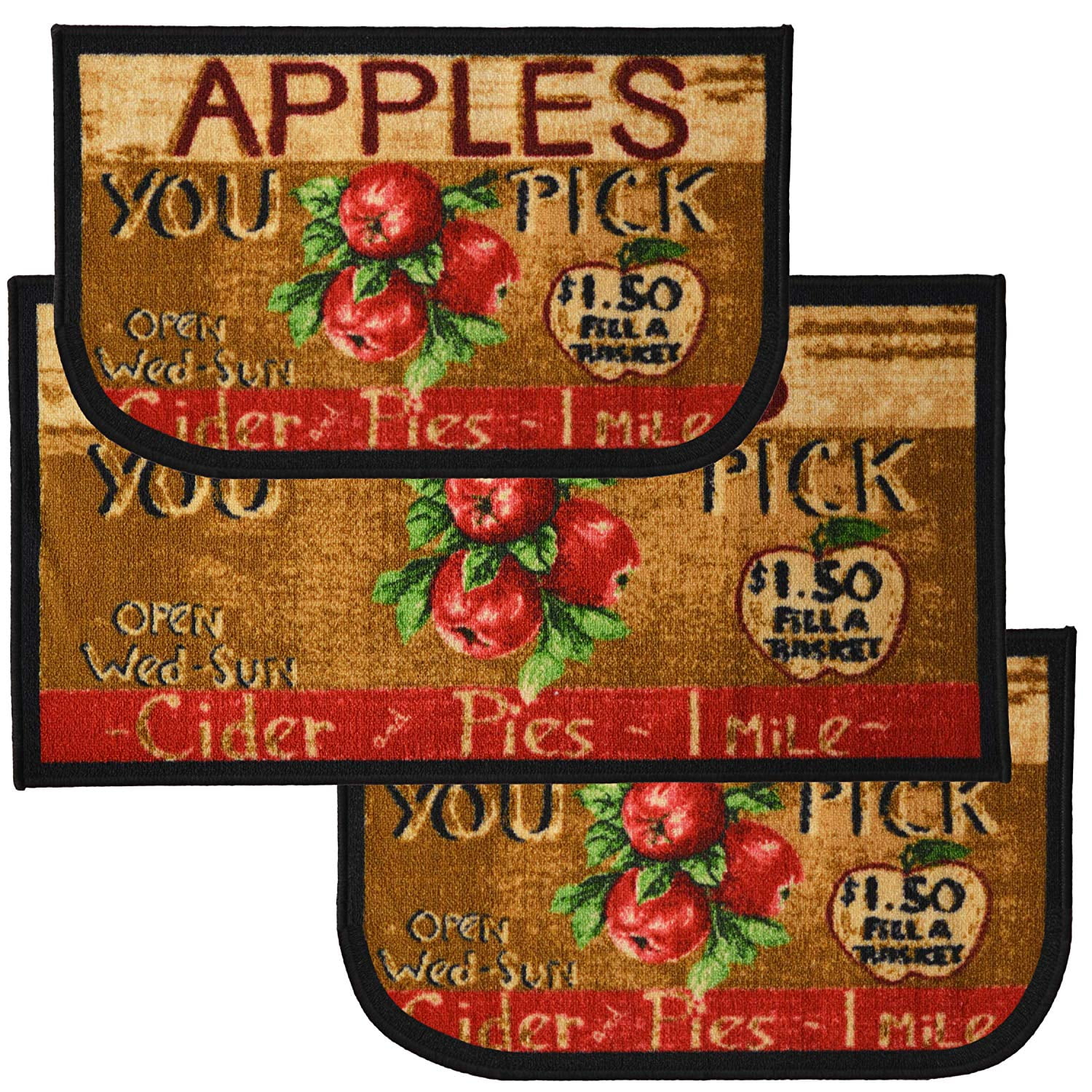 KH & SET OF 2 PRINTED KITCHEN NYLON RUGS 18" x 30" 20" x 40" RED APPLES 
