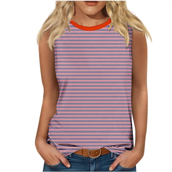 Womens Tank Top, Sleeveless Tops for Women Color Block Striped Printed Tank Top Summer Camisoles Breathable Crew Neck T Shirts Sleeveless Vests Loose Fit Blouse Casual Tee Shirts