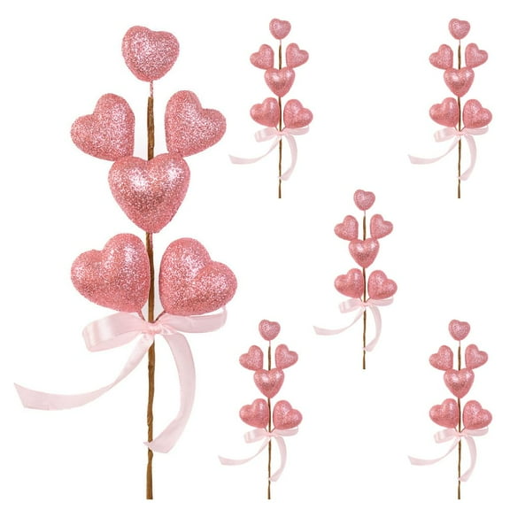 6pc Pink Glittered Heart Picks - for DIY Valentine's Day Decor - Factory Direct Craft
