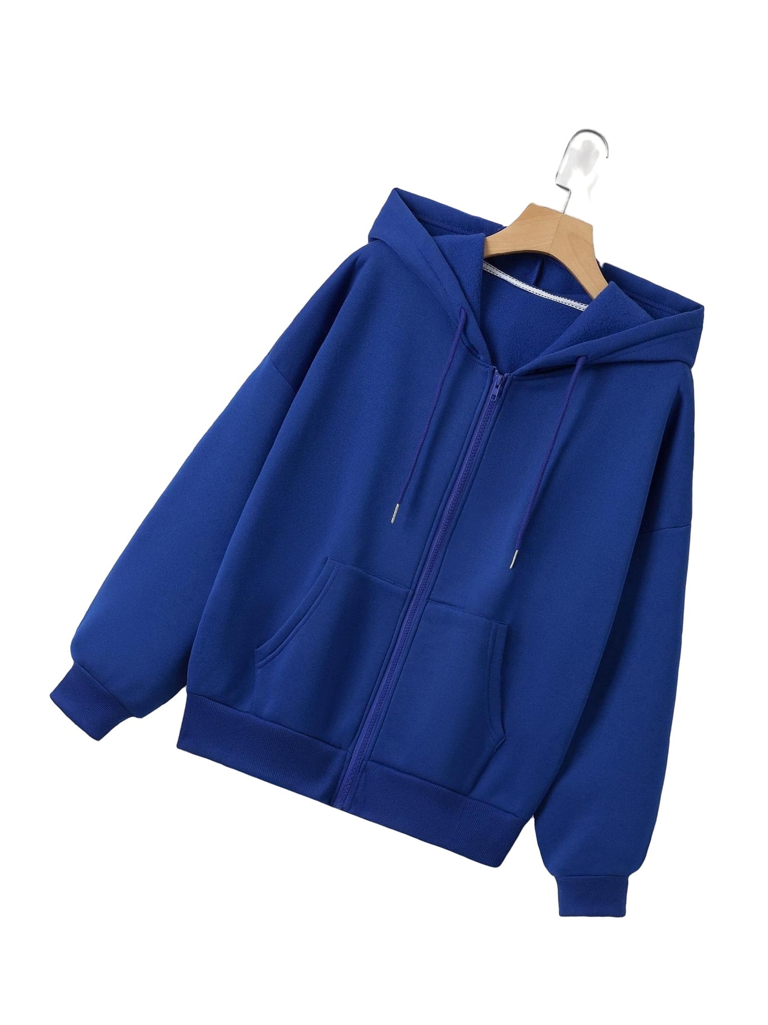 Casual Plain Hooded Zip Up Long Sleeve Royal Blue Women Sweatshirts