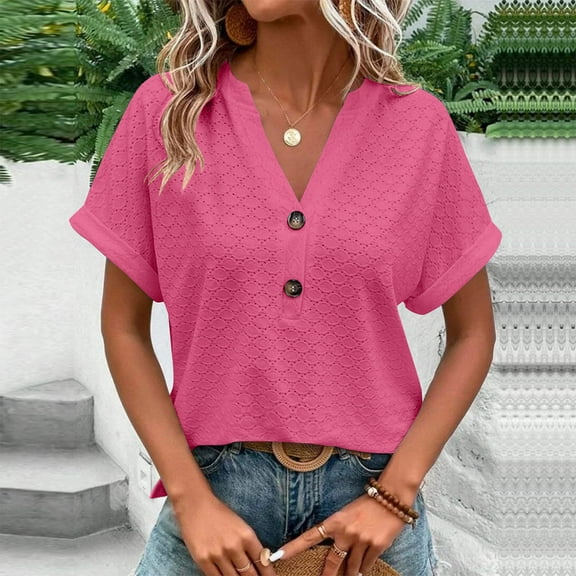 Plus Size Tops for Women's Fashion Casual Solid Button V Neck T-shirt Tops Blouse Clearacne under 5
