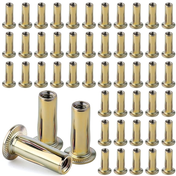 1/4-20 Multi Grip Rivet Nut Kit, 50pcs Rivet Nuts, Steel Pre-Bulbed Shank Plus Nuts,Zinc-Plated Flat Head Threaded Insert Nut Construction Fasteners for Industrial
