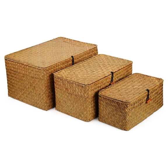 GoXteam Natural Seagrass Bin with Lid Set of 3, Shelf Baskets Multipurpose Container for Decoration, Rectangular Household Storage Boxes for Home Organization