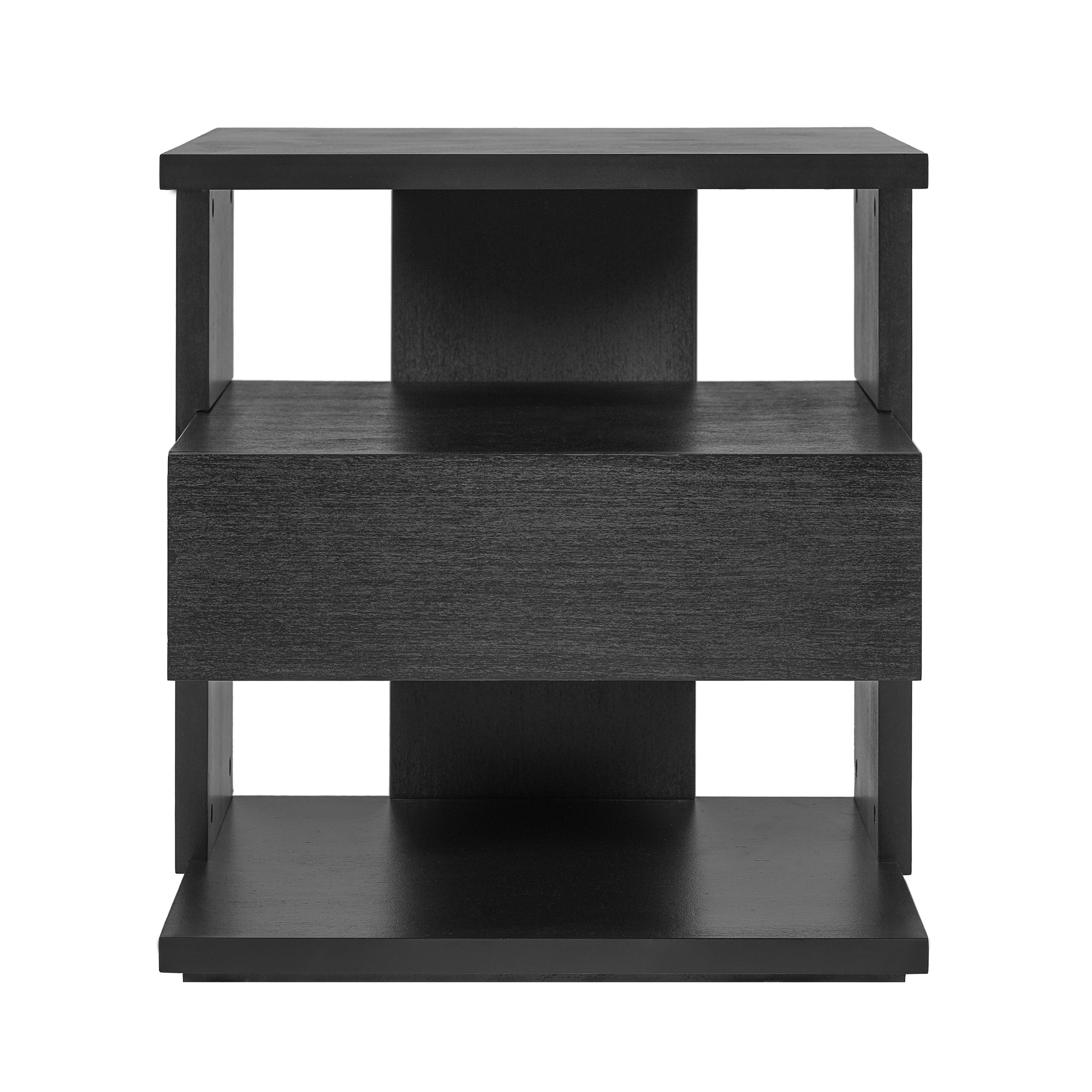 Euroco Modern Floating Nightstand with Drawer, Wood Bedside Table with 3-Tier Open Storage Shelves ,Unique C-Shape End Table for Bedroom,Living Room,Space-Saving,Black