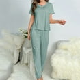 thumbnail image 4 of Qepwscx 2 Piece Women Sleepwear Pajamas Set Short Sleeve Shirt + Elastic Ankle Pants PJs Set Crew Neck Nightwear Going Out Loose Fits Comfy Loungewear Outfits, 4 of 5