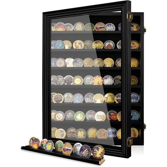 7 Rows Wooden Military Challenge Coin Holder Display Case with HD Tempered Glass Holds 100 Coins, Medal Display Cabinet Shadow Box with Removable Shelves, Tabletop or Wall Mountable Black