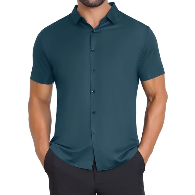 CAMISAS DE NEGOCIO DE MANGA CORTA DE COLOR SÓLIDO PARA HOMBRES CON CUELLO PUNTA Y BOTONES INSPIRADORAS 2XL VERDE OSCURO