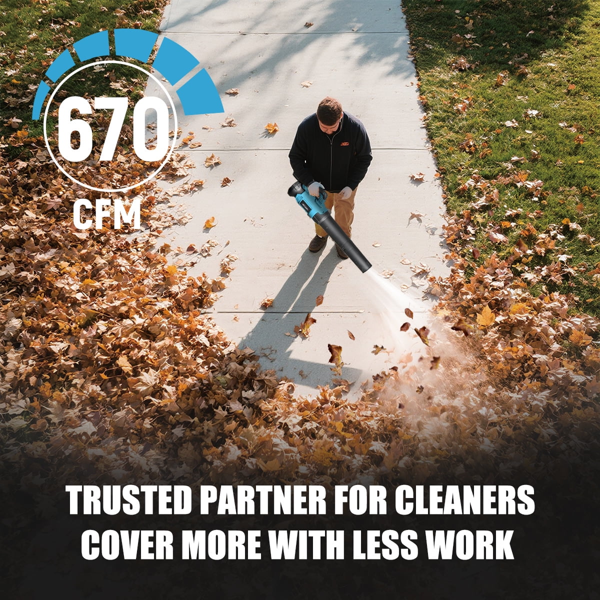 JOVANT  Cordless Leaf Blower delivers a maximum airflow of 670 CFM. It comes with a 20V MAX 1*6.0Ah battery and charger, making it suitable for street cleaning, park maintenance, plaza clean
