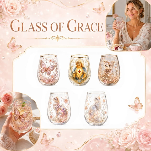 Stemless Glass, Cat Gifts for Cat Lovers, Birthday Gift for Women, Housewarming Gift, 3.5X4 Inch Clear Drinking Glass with Watercolor White Cat and Pastel Floral Prints for Daily