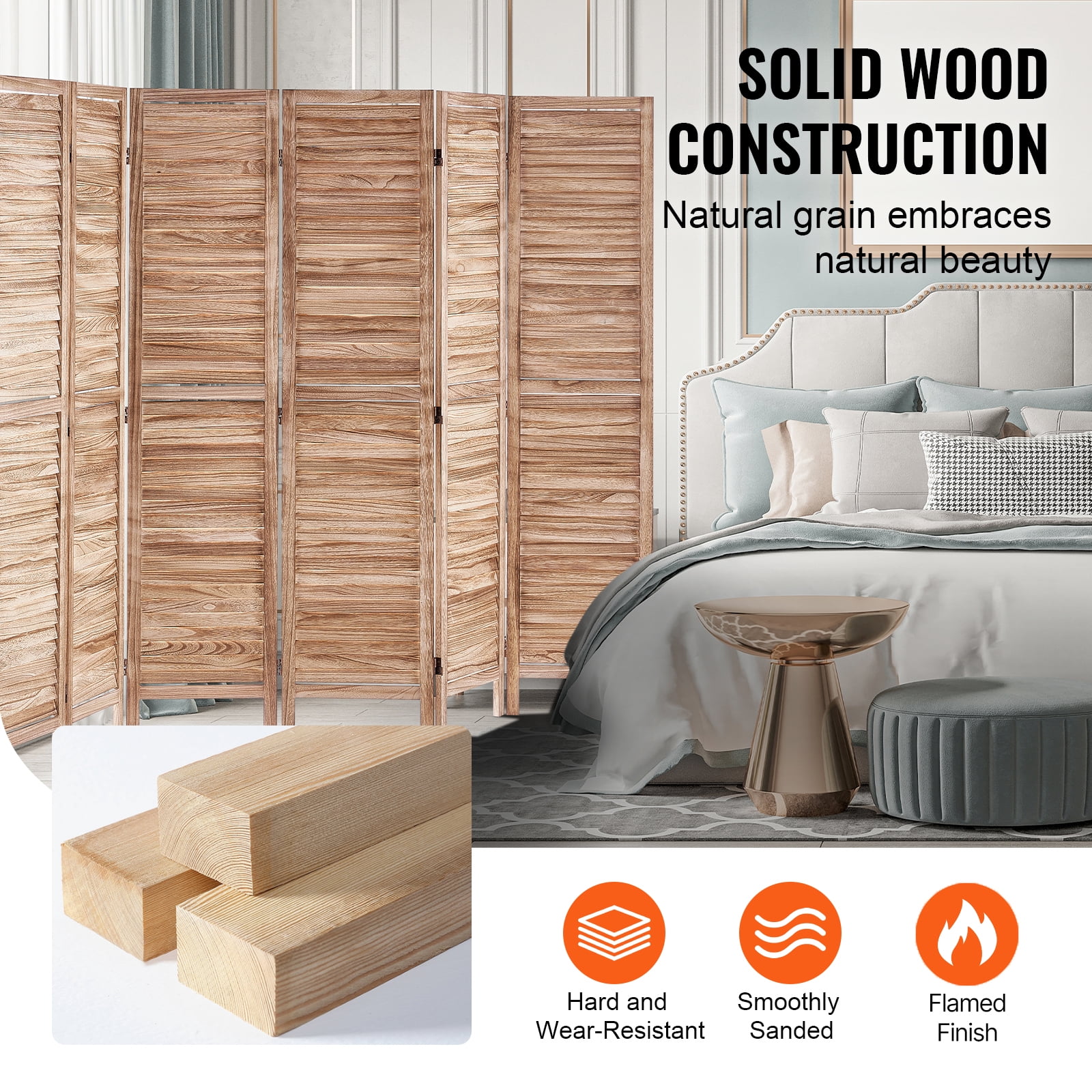 KFFKFF Wooden Partition, 8-Panel Folding Privacy Barrier, 66.9 Inches High Indoor Slatted Divider, Movable Decorative Screen, Ideal for Space Division in Homes, Offices, Restaurants & Bedrooms