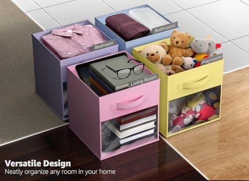 13 Inch Storage Bins with Clear Window - 6 Foldable Baskets for Organizing Clothes, Toys, Books - Sturdy Collapsible Fabric Storage Cubes with Handle - Storage Baskets for Shelves, Closets