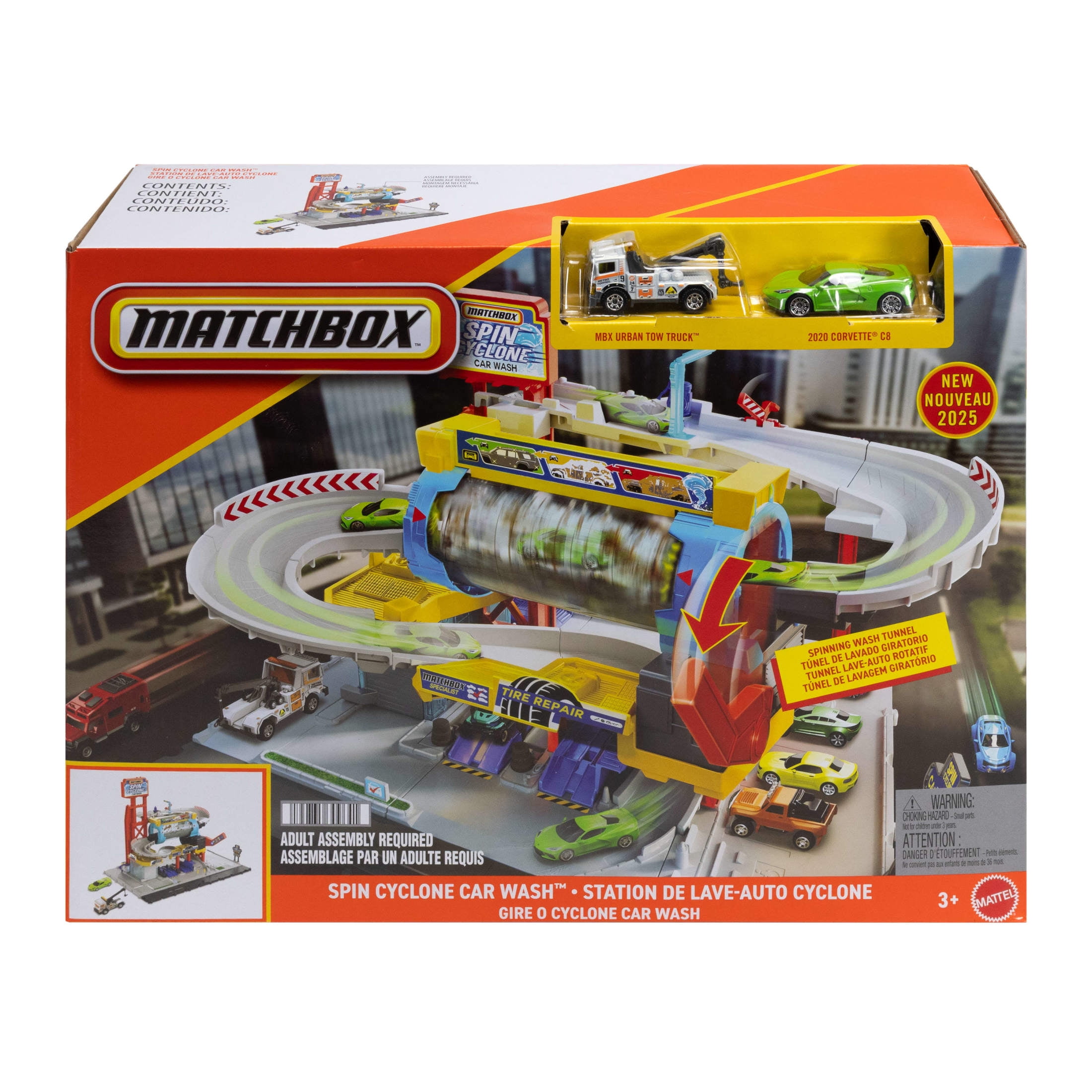 Matchbox Spin Cyclone Car Wash Playset with 1:64 Scale Die-Cast Toy Corvette & Tow Truck