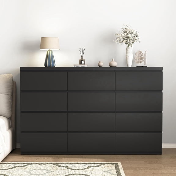 63 Inch 12 Drawer Dresser for Bedroom,Modern Wood Dresser Chest of Drawers with Large Storage Space for Bedroom, Sturdy Organizer for Closet, Living Room, Hallway,Black,63"x15.7"x38.5"