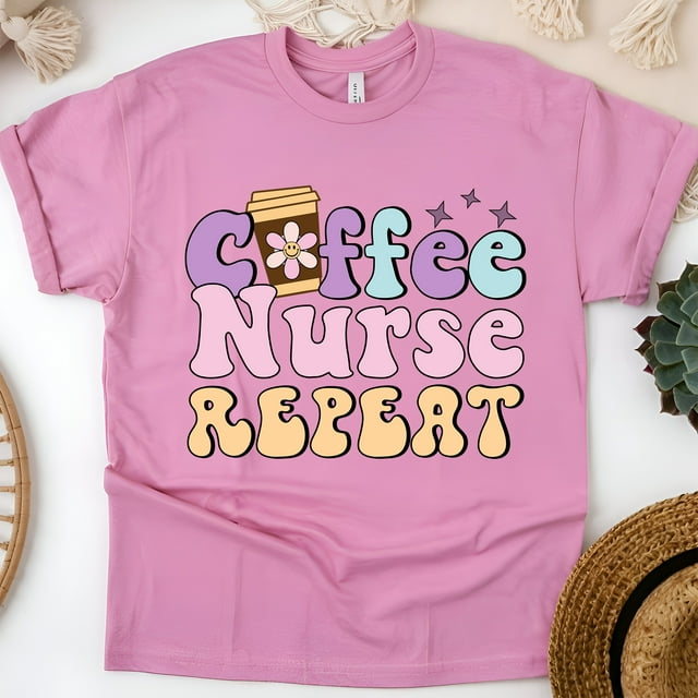 Coffee Nurse Repeat Graphic T-Shirt, Cute Pastel Design Tee, Azalea, Size 3XL
