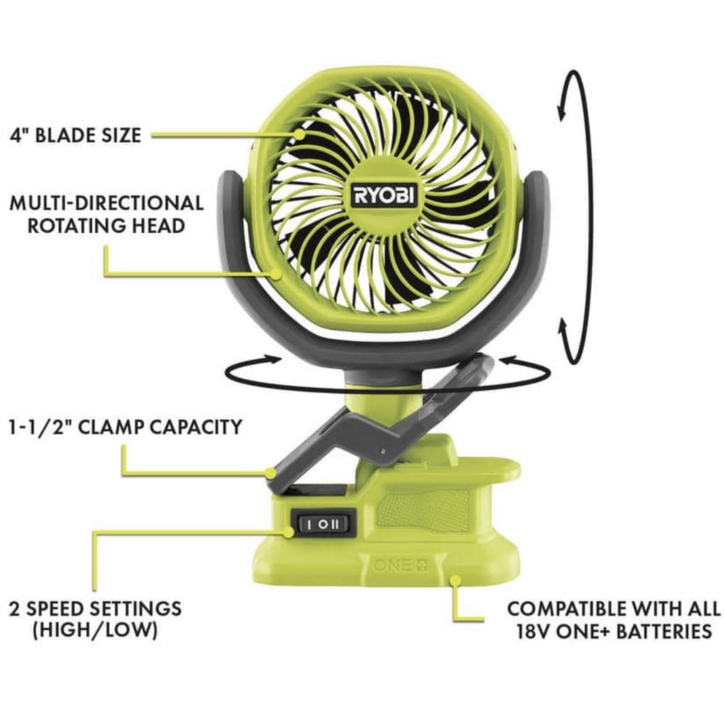 Ryobi 3-Tool Camping Kit Bundle with Compact Area Light, Bluetooth Speaker, 4 inch Clamp Fan, 18-Volt 1.5 Ah Lithium-ion Battery, Charger and 16 inch Buho Tool Bag