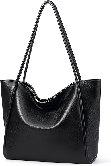 Lohol Large Tote Bag Vegan Leather Casual Zipper Work Bag Weekender Hobo for Women 20L Oversize Shoulder Travel Purse-Black