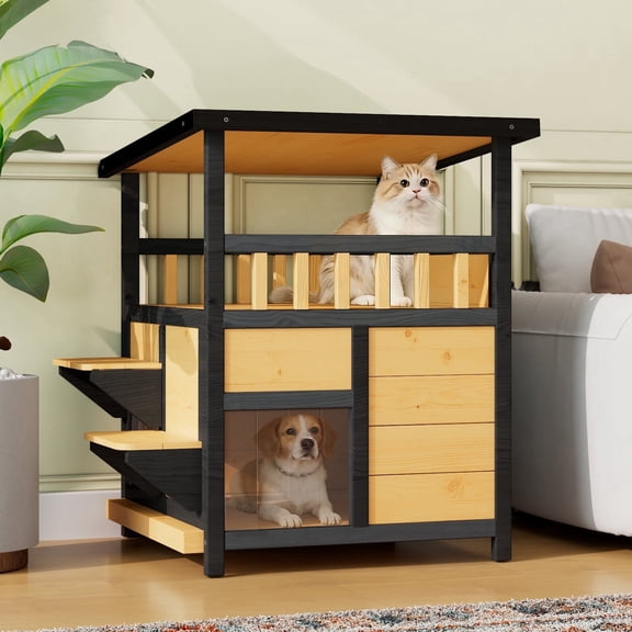 TIMHAKA 2-Story Outdoor  Cat House, Wooden Feral Cat Shelter w/ Escape Door,  Pull-Out Bottom & Scratching Mat