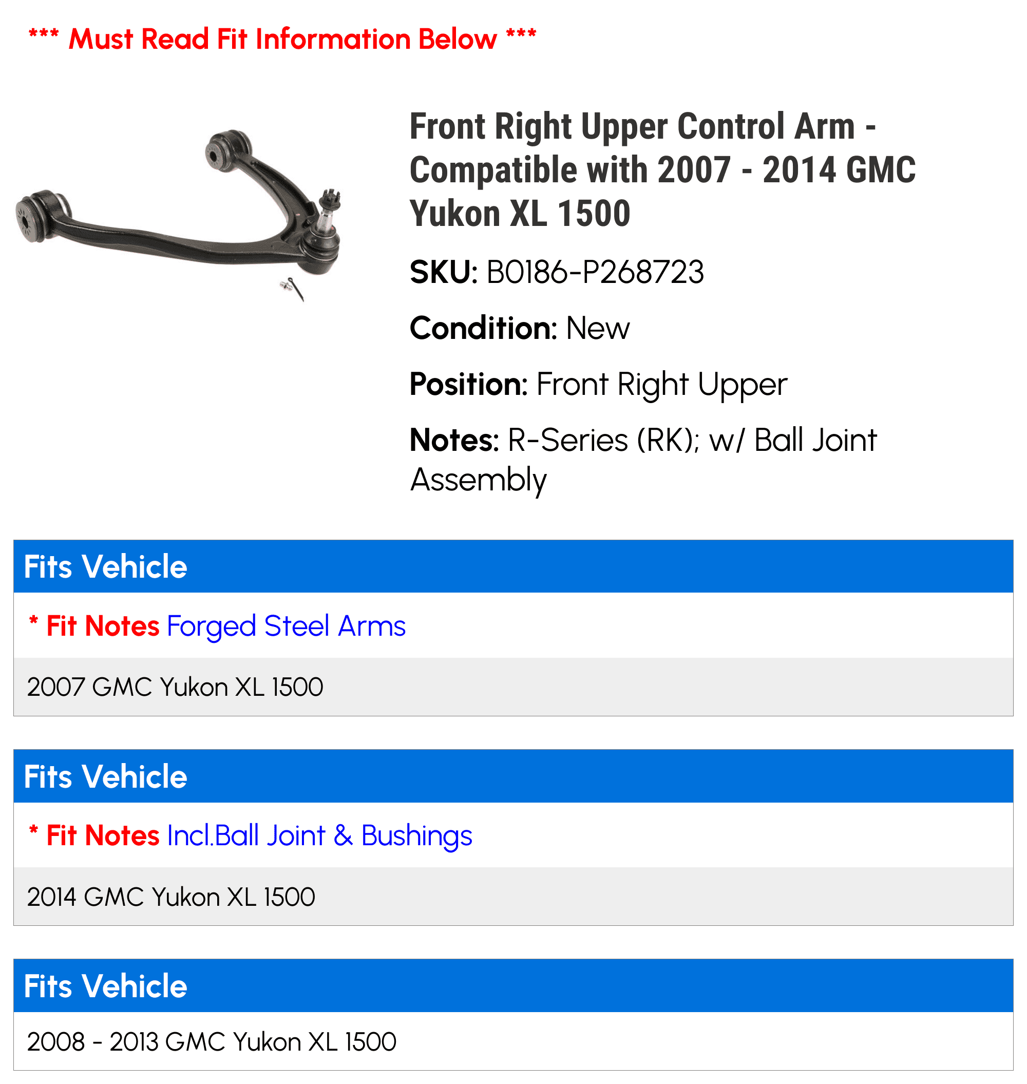 Front Right Upper Control Arm - Compatible with 2007 - 2014 GMC Yukon XL 1500 2008 2009 2010 2011 2012 2013
