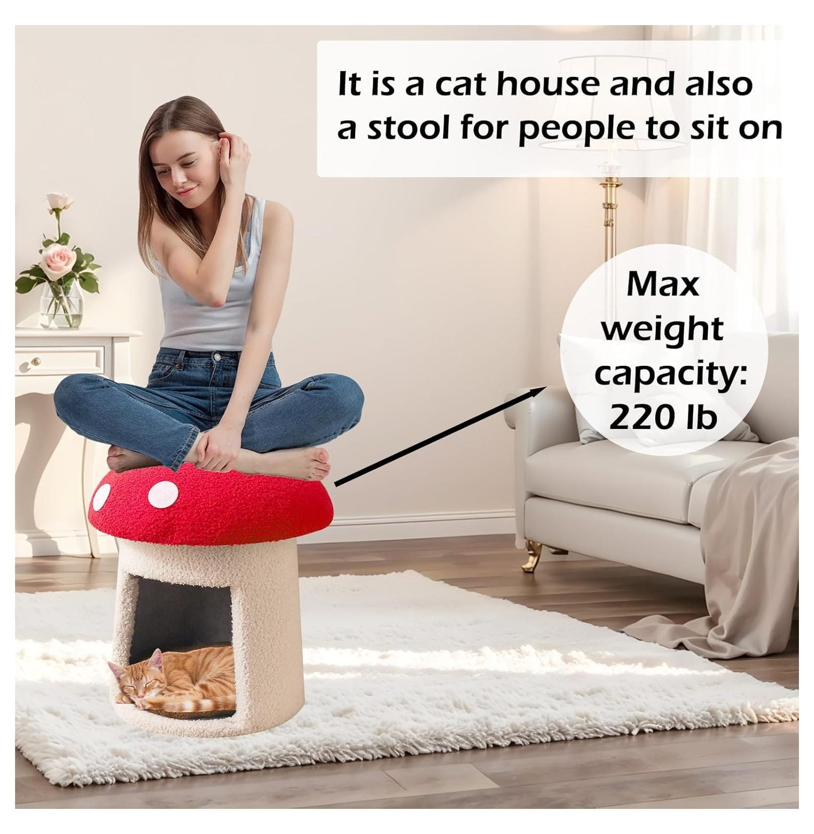 Mushroom Cat Bed for Indoor Cats, Cow Cat Cave - Soft Plush Pet House with Removable Cushion
