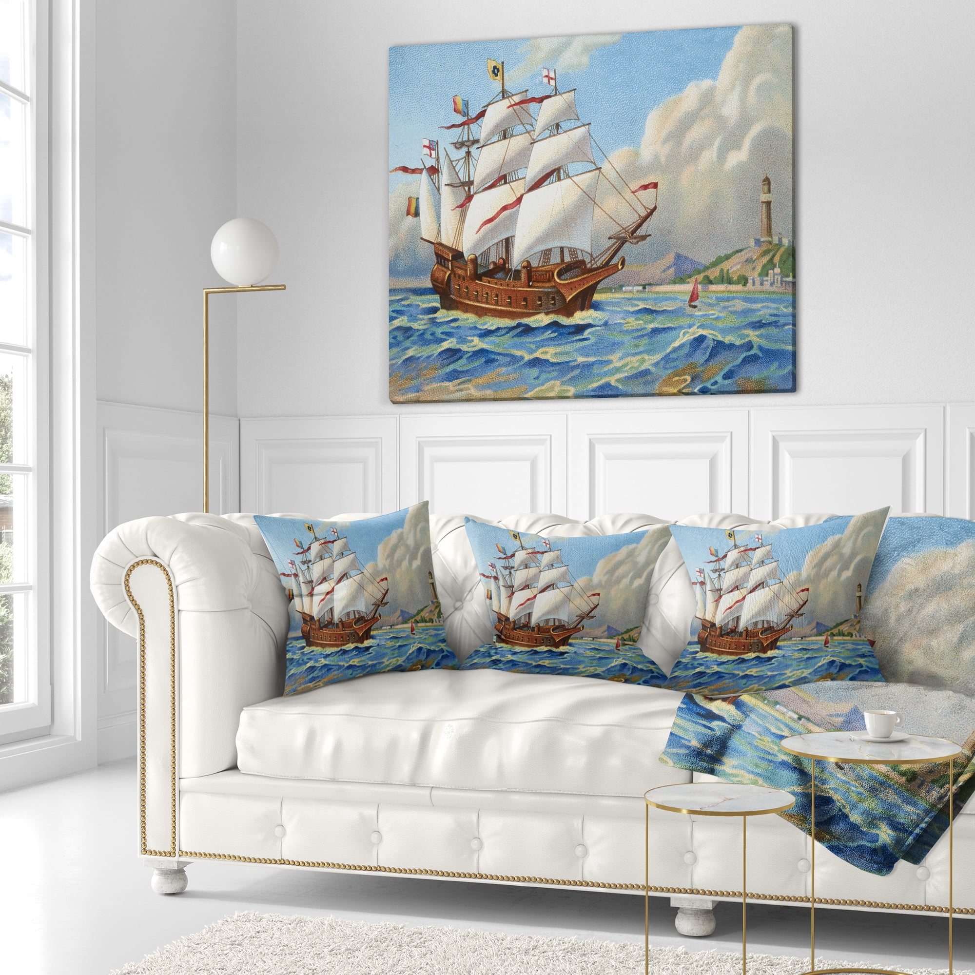 Designart Ancient Boat Drifting in Sea - Seascape Throw Pillow - 16x16