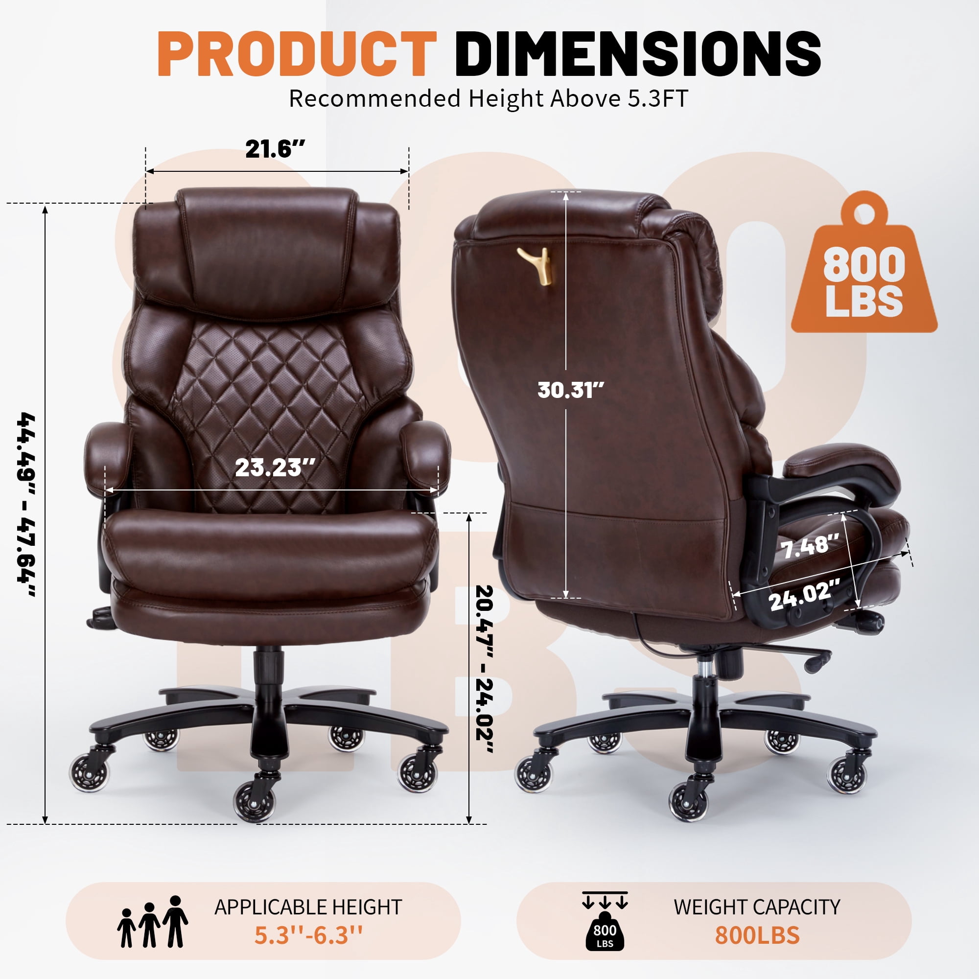 Qusaphy 800LBS Big and Tall Executive Office Chair, PU Leather Ergonomic Desk Chair with Adjustable Backrest and Thick Padded Cushion, Heavy Duty Chair for Home or Office Brown