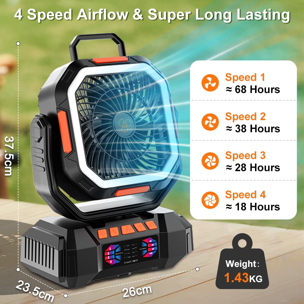 Camping Fan, 24000mAh Portable Fans Rechargeable Portable Fan with Remote & LED Lantern,  4-level Strong Airflow, for Camping Outdoor Indoor Gym Desk Fishing BBQ Travel