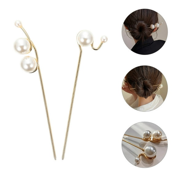 KONTONTY Pearl Hair Sticks 2Pcs for Women 14X3Cm Minimalist Style Bun Holders