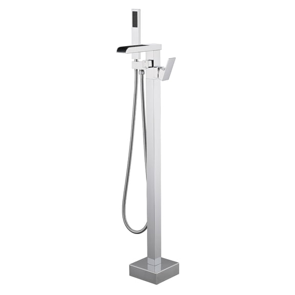 JERFIT Floor Mounted Freestanding Bathtub Faucet Set with Hand Shower, Chrome Waterfall Tub Filler, Single Handle Stainless Steel Floor Mount Faucet