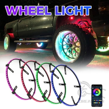 4PCS 15.5inch RGB LED Wheel Ring Light Kit Bluetooth Control w/Turn Signal and Braking Function can Controlled by Remote and APP(Double Row)