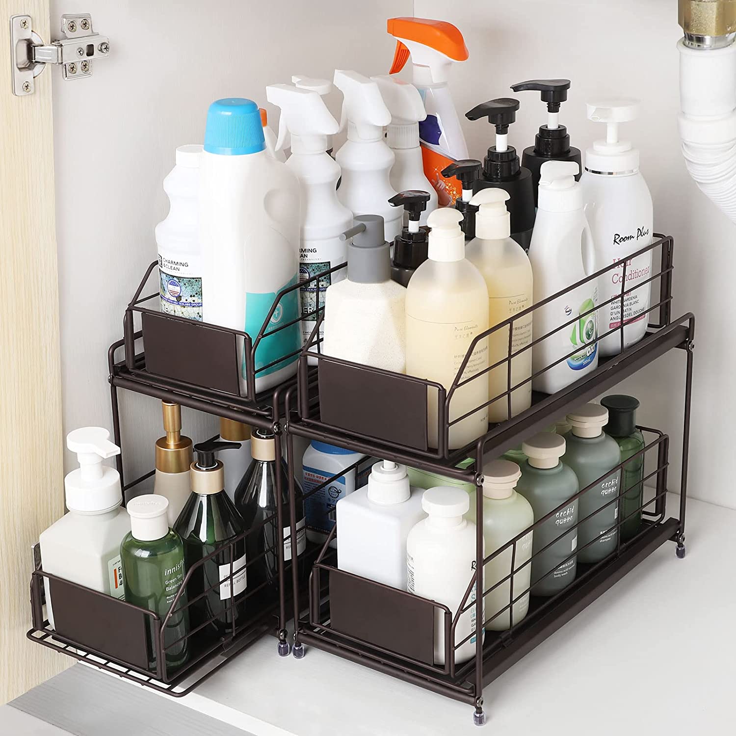 2-Tier Cabinet Storage Organizer Baskets with Sliding Drawer Set of 2, Brown