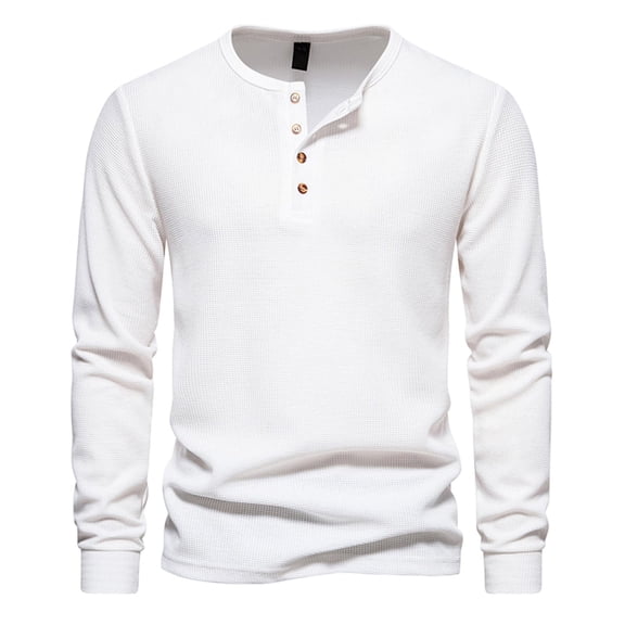 Men Waffle Henley Shirts Buttons Collar Long Sleeve Casual Pullover Soft Stretch Lightweight Tees Fall Basic Tops