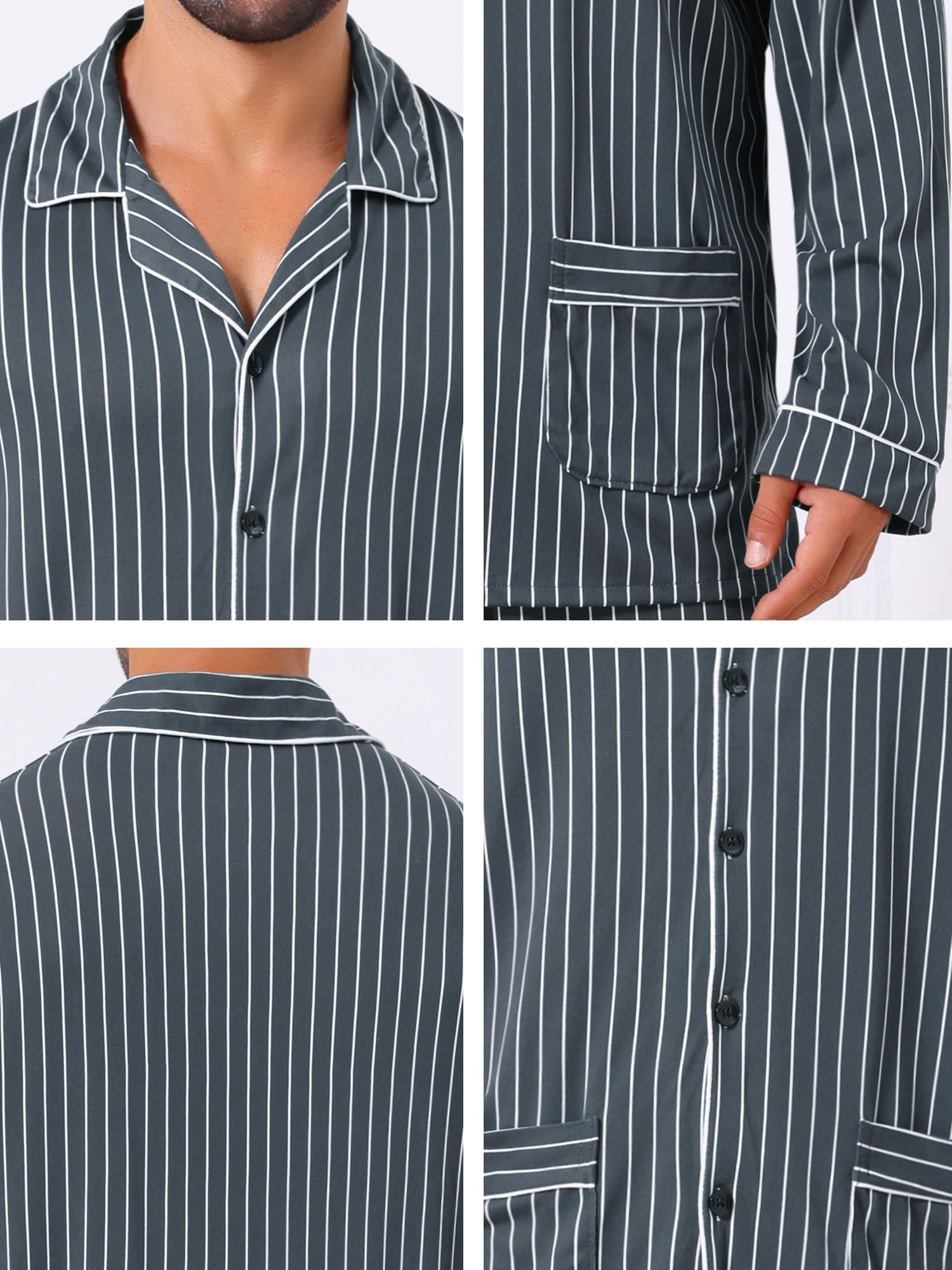 DARING DIVA Men's 2-Piece Long Sleeve Button Down Pocket Pajamas Set L Black White