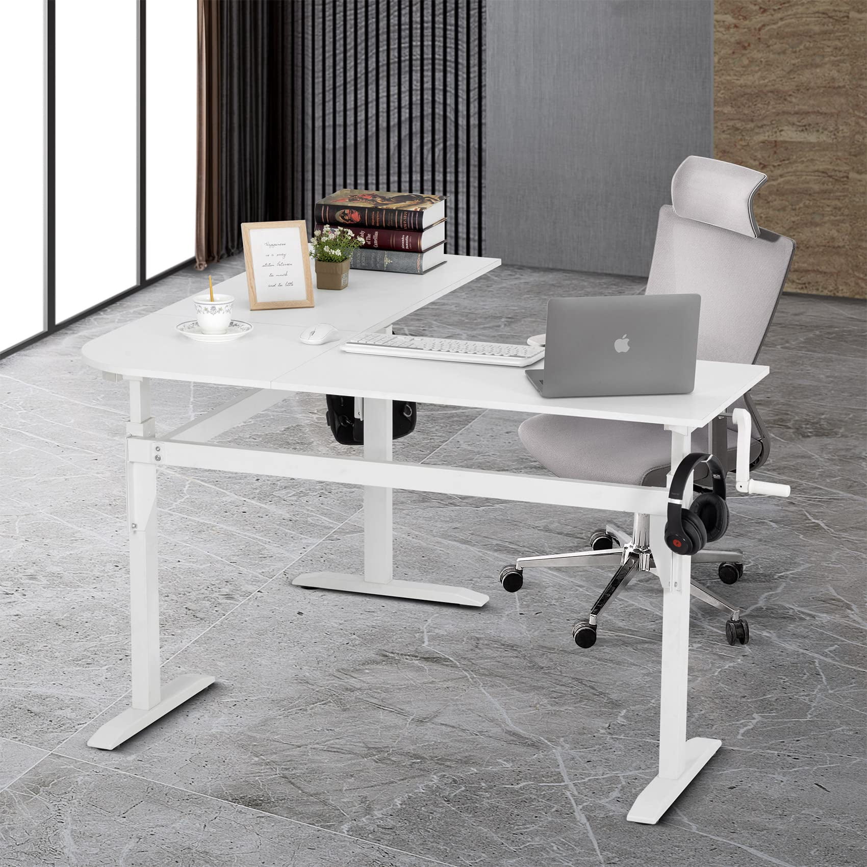 UNICOO® L Shaped Crank Height Adjustable Standing Desk, Sit to Stand up Corner Desk, L-Shaped Standing Workstation (XJH-LC-White-2 Packages)