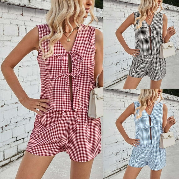Summer Savings! Ahuyic Women Summer Clothing Set,Casual Summer Outfits,Women Casual Sleeveless Lattice V-neck Lace Top Elastic Waist Shorts Set