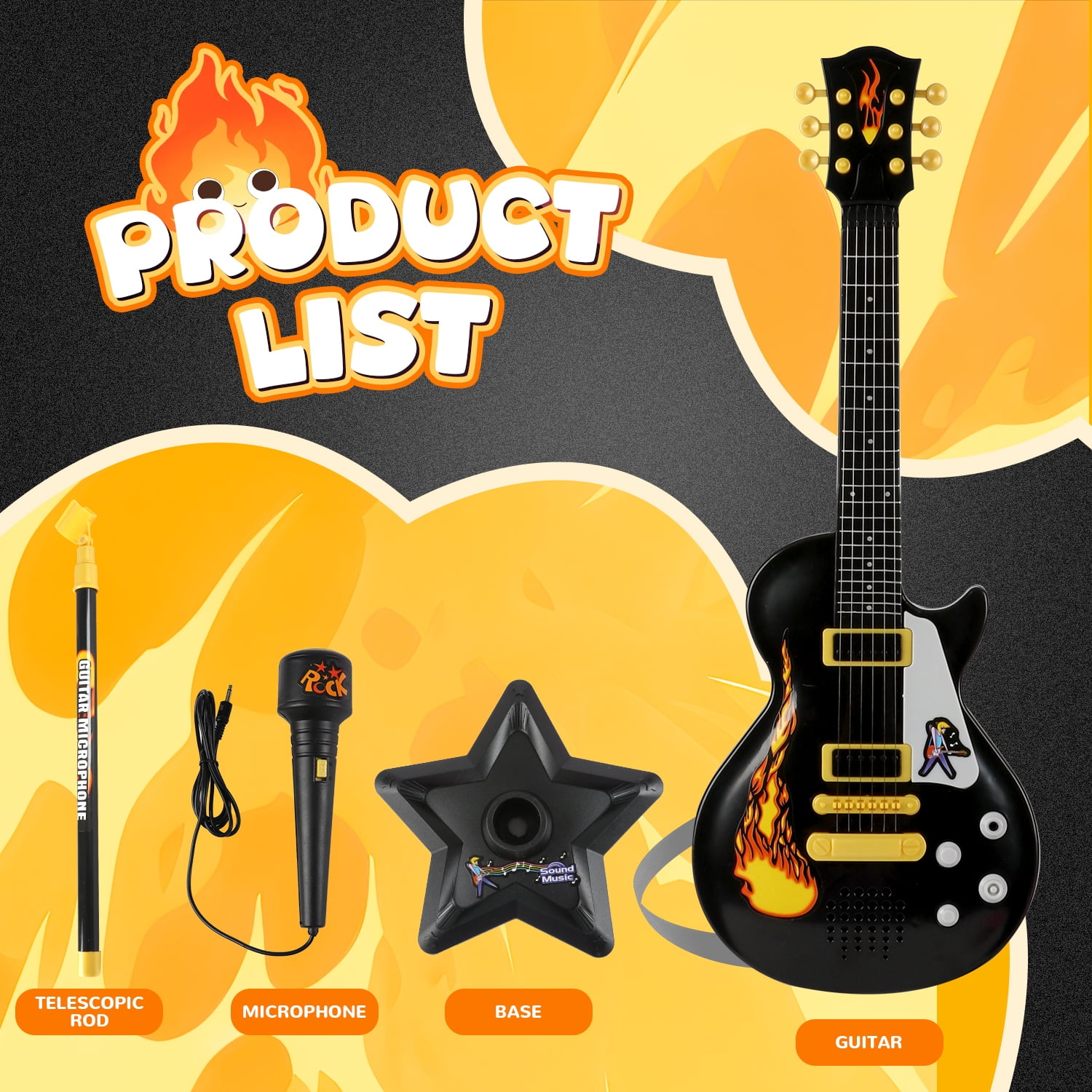 Freecat Toddler Guitar, Cool Black Toy Guitar for Kids Boys Ages 3 4 5 6 Years, with Microphone and Adjustable Stand, Musical Instrument Christmas &Birthday Gift for Boys.
