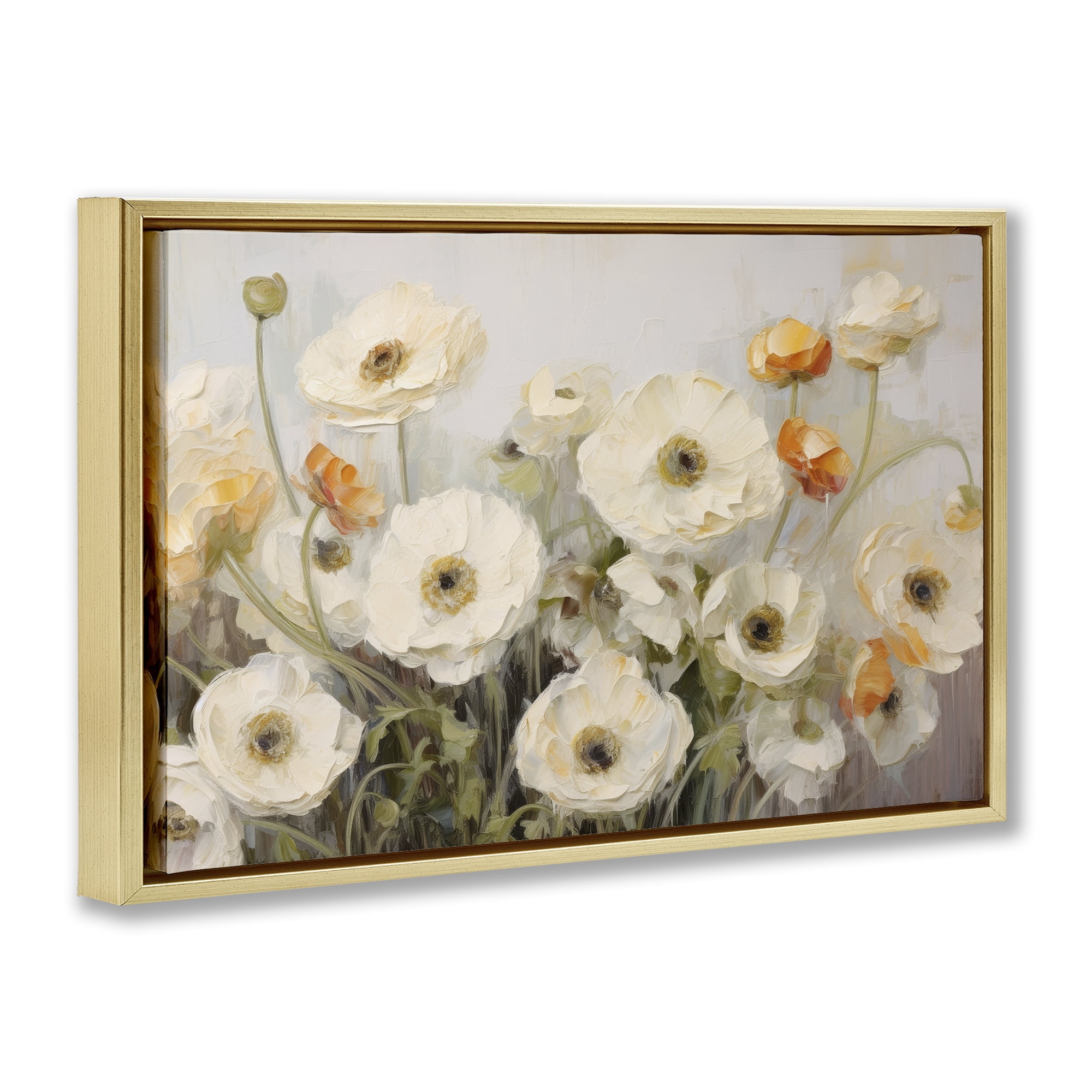 Stupell Industries White Ranunculus Blooms Plants & Flowers Painting Gold Floater Framed Canvas Art Print Wall Art, 31 x 21