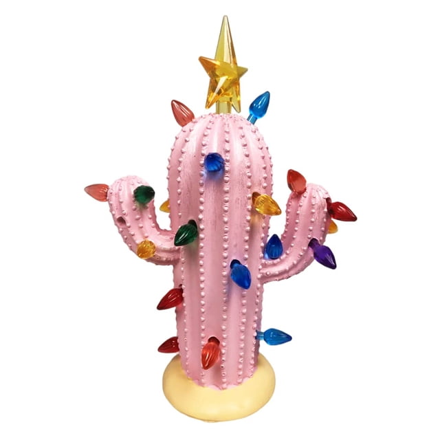 Árbol de Navidad de cactus, cactus de Navidad de resina creativa con luces, adorno de mesa de cactus de Navidad nostálgico vintage