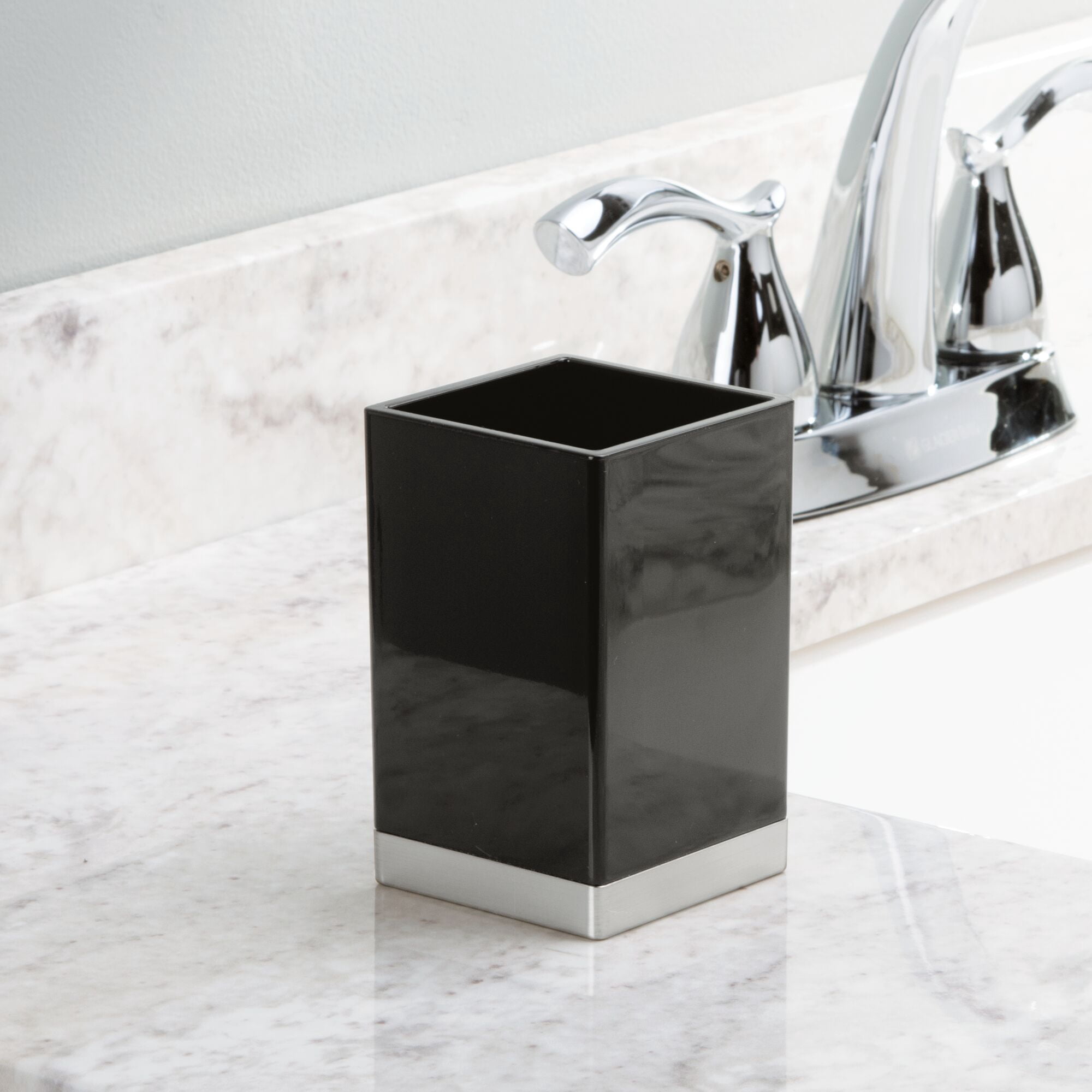 mDesign Plastic Bathroom Vanity Organizers, Set of 4, Black/Brushed Chrome