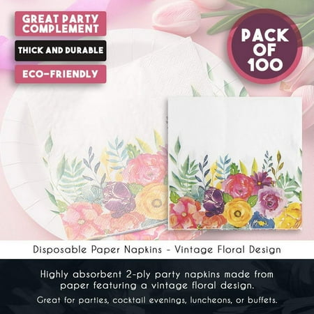 Floral Paper Napkins 100 Pack Disposable Tea Party Napkins Weddings Bridal Shower Party Supplies 2 Ply Vintage Blooms Flower Decoupage Luncheon Size Folded 6 5 X 6 5 Inches Walmart Canada
