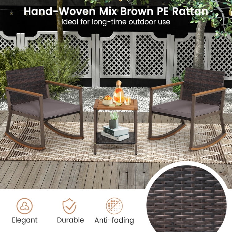 Aimee Lii 3 Pieces Rattan Rocking Bistro Set with Coffee Table and Cushions, Patio Table and Chairs Set, Outdoor Patio Set, Gray