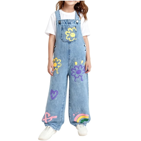 CPNG Girls Baggy Denim Overalls Adjustable Straps Jeans Overalls Cute Flower Print Wide Leg Denim Jumpsuit Bib Overalls(Light Blue,7-8 Years)