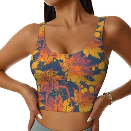 Adobk Vintage Abstract Maple Leaf Art Print Sports Bras for Women Longline Workout Crop Tank Tops Padded with Built in Shelf Padded Sports Bra-Large