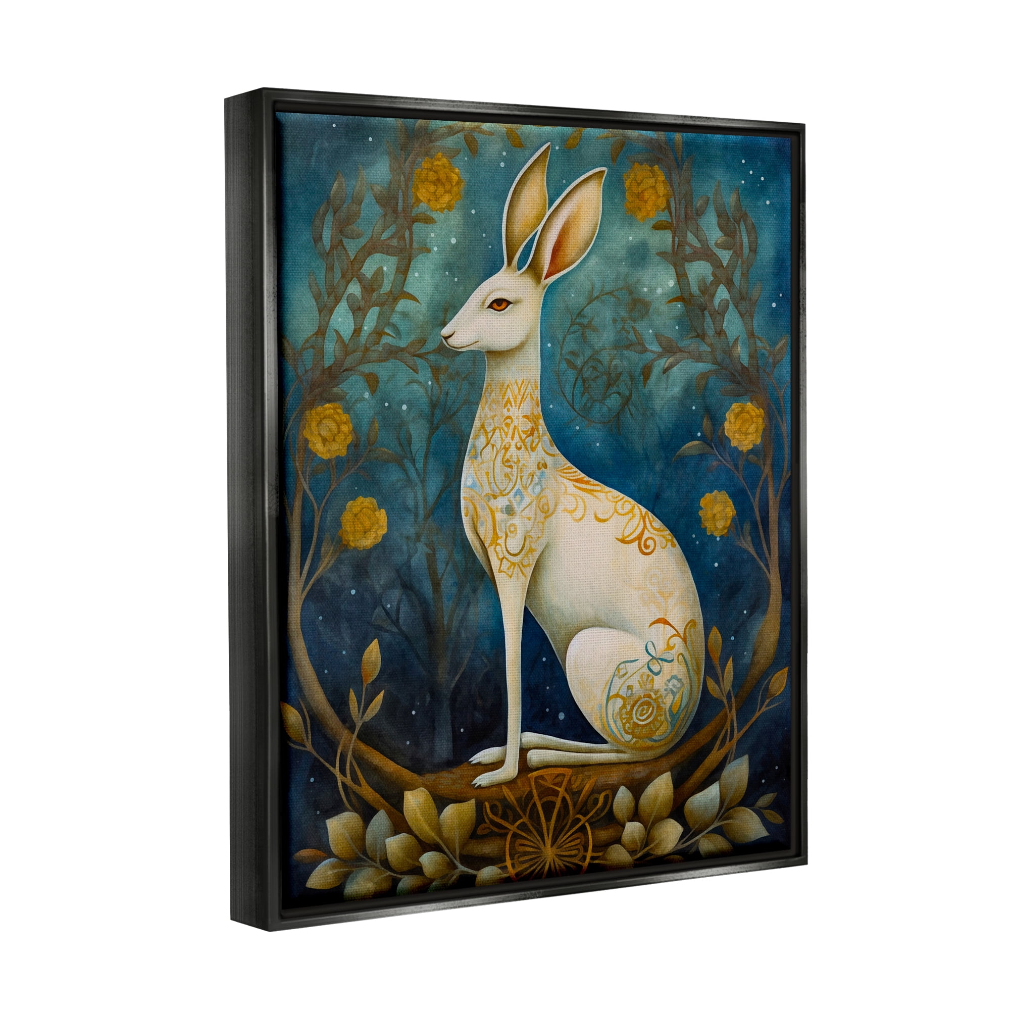 Stupell Industries Patterned Forest Rabbit Animals & Insects Painting Black Floater Framed Art Print Wall Art, 17 x 21
