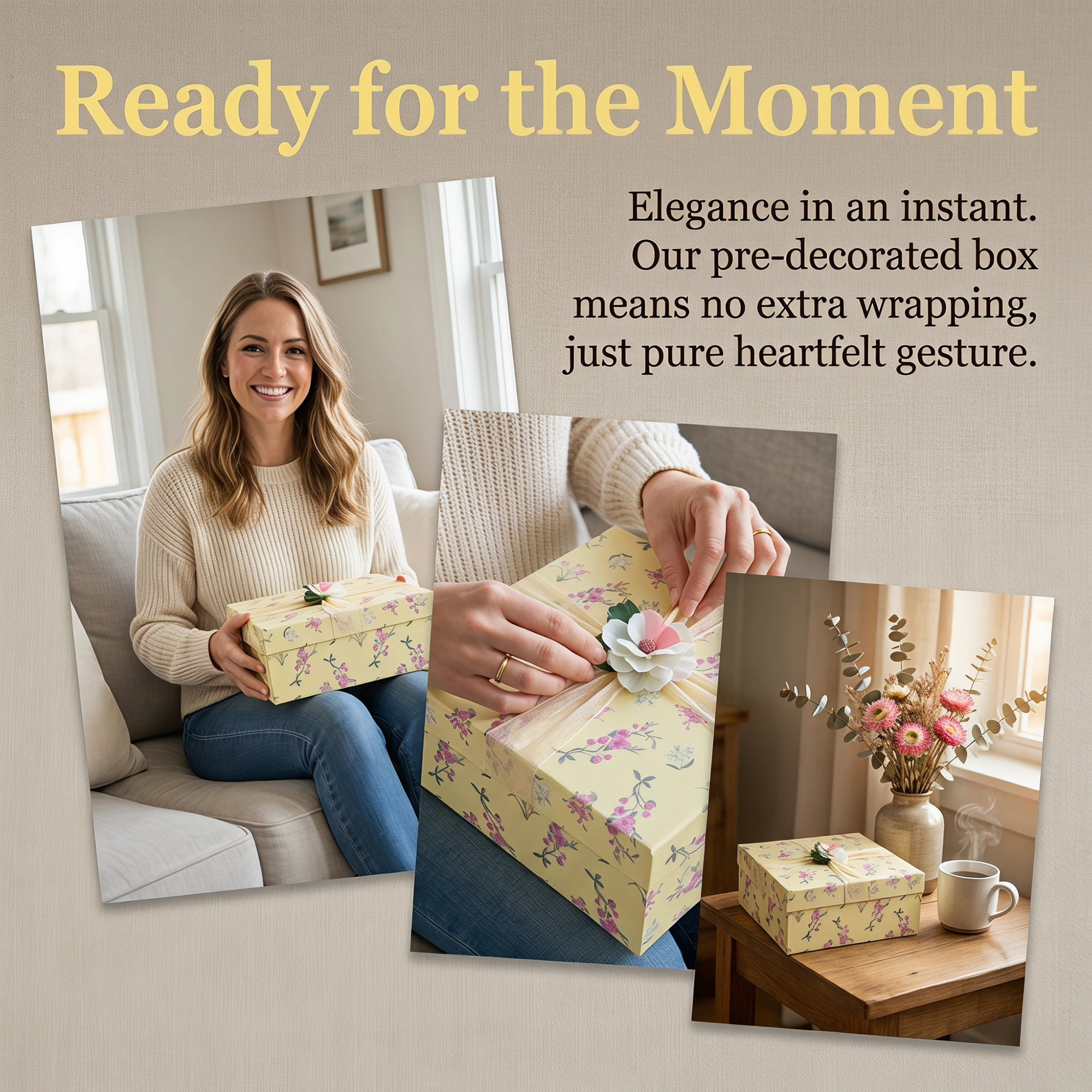 Unique Bargains Elegant Rigid Present Gift Box with Printed Ribbon Yellow 5.9"x5.9"x2.8"