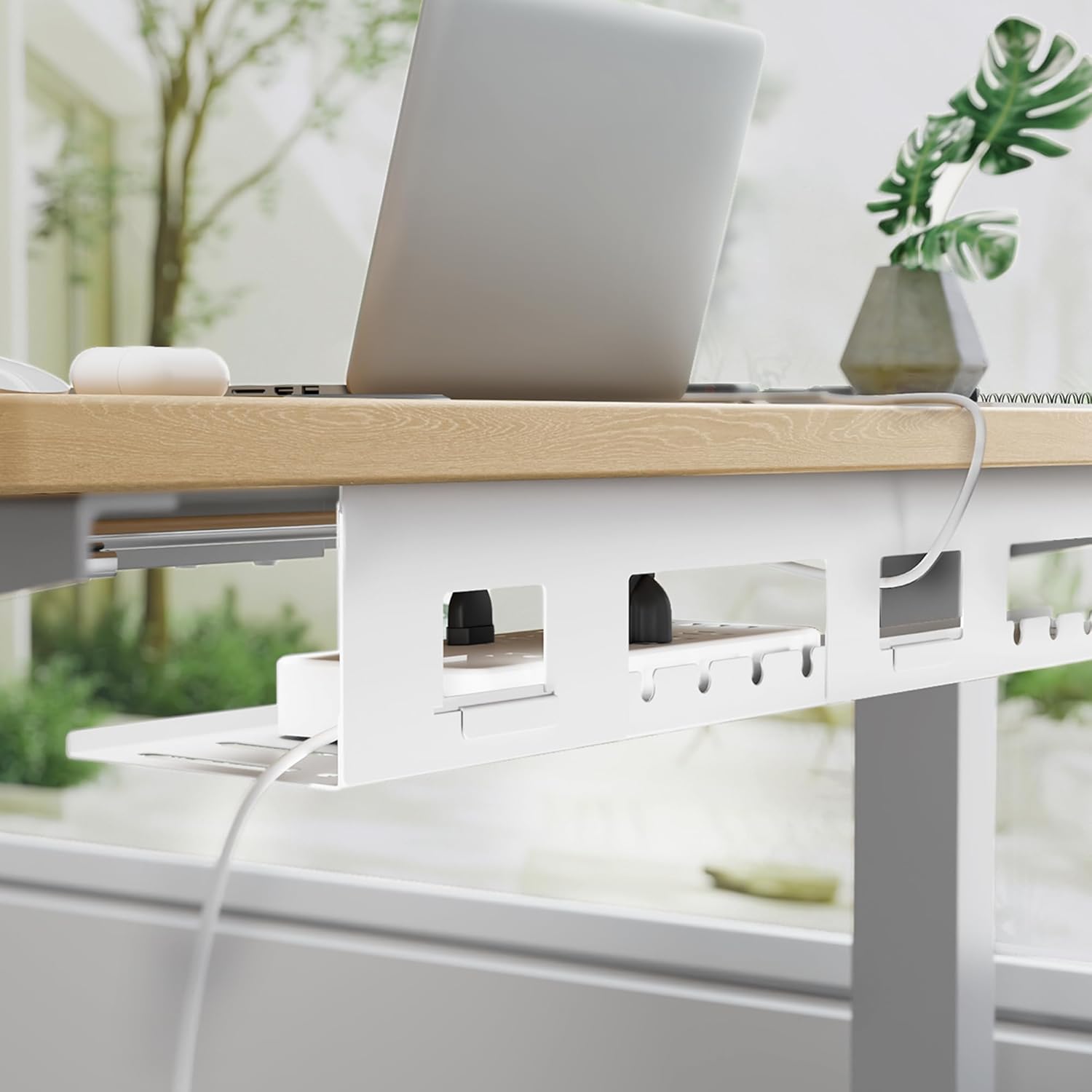 Under Desk Cable Management Tray, 31.5" Metal Cord Organizer Rack for Power Strips, Wires & Chargers, Easy Mounting Desk Tray for Home Office, White