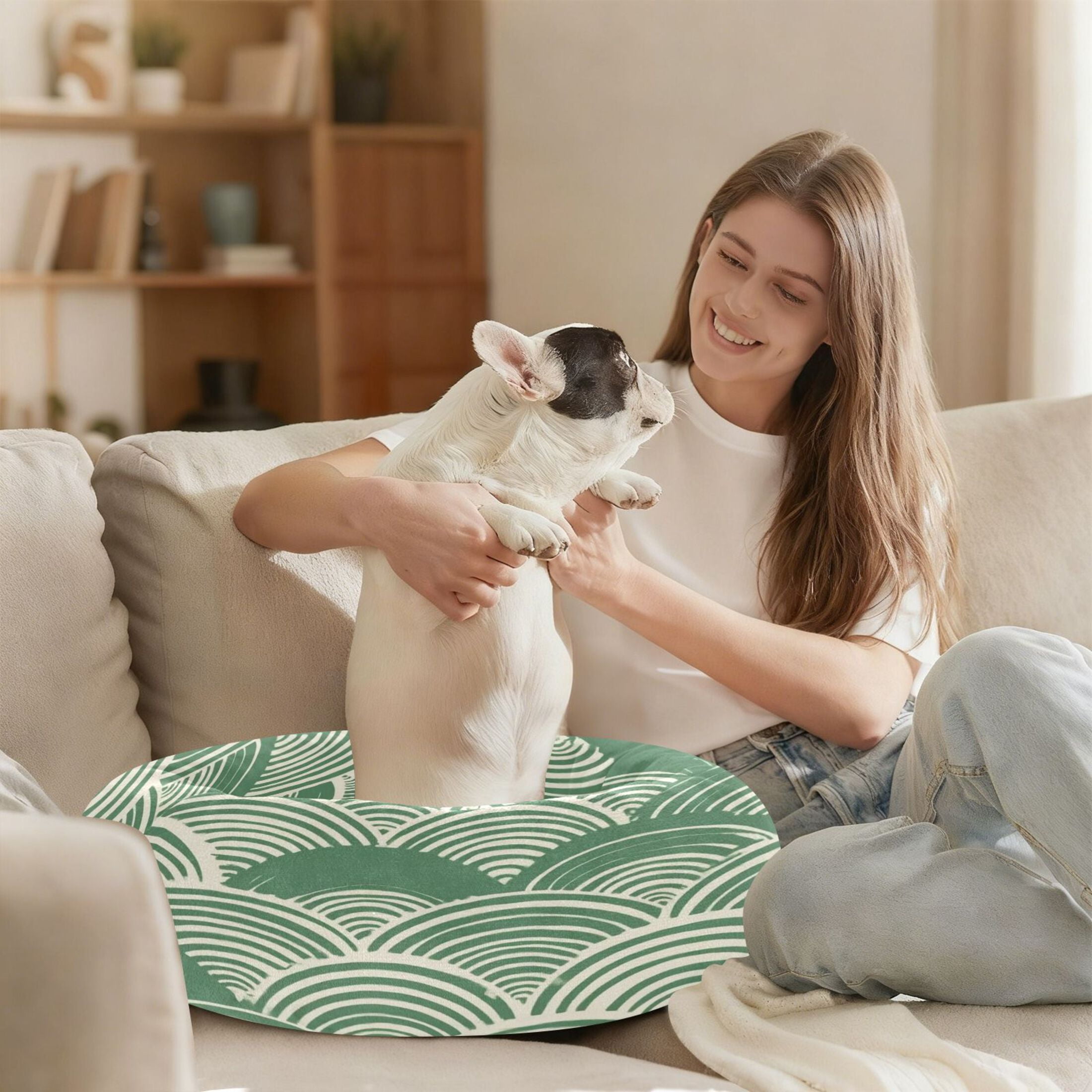 Iauyy Pet Couch Donut Cat Bed for Indoor Cats/Small Dogs Washable & Machine with Non-slip Bottom Calming Cat Furniture, Woodblock Print Style (M)