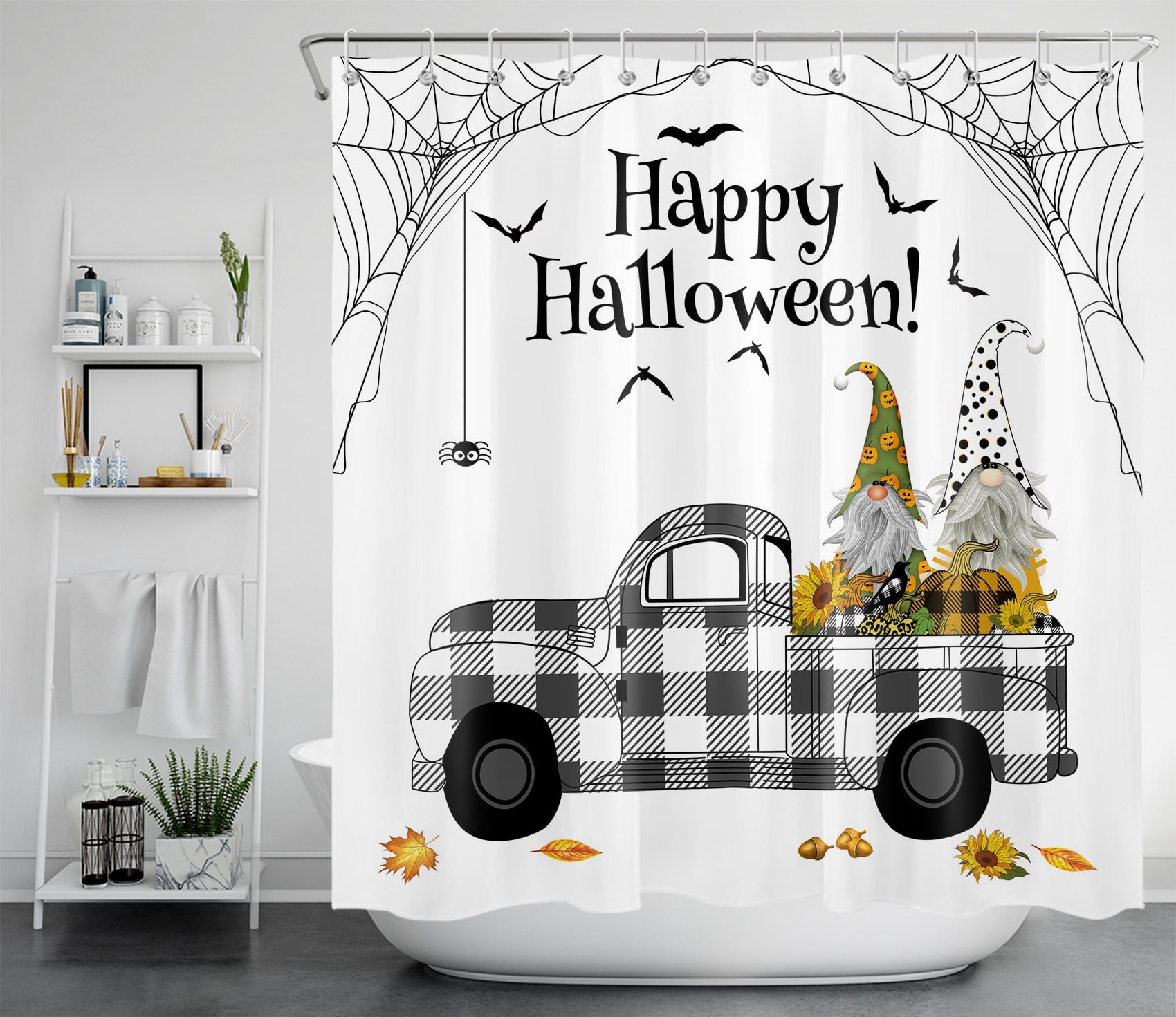 HVEST Halloween Shower Curtain, Gnome and Fall Plaid Pumpkin Sunflower in Black and White Buffalo Check Retro Truck Farmhouse Shower Curtains, Waterproof Fabric Bath Curtain with Hooks, 69x70 Inch