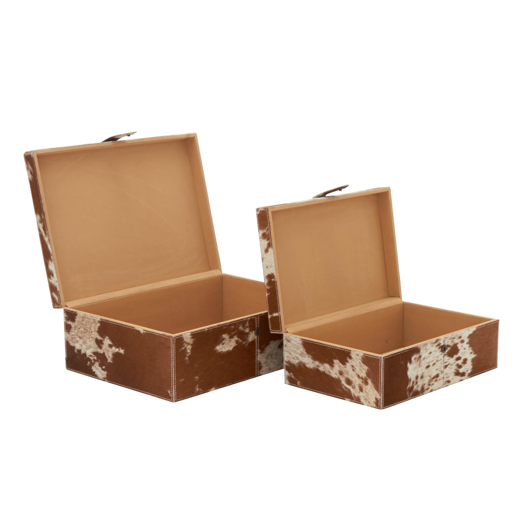 DecMode Handmade Cowhide Brown Leather Decorative Box with Snap Front Closure and Detailed Stitching, 2 Count